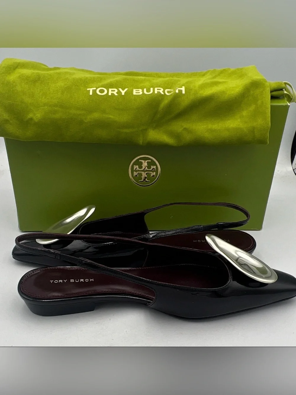 TORY BURCH Patos Leather Slingback Flats Pointed Toe Logo Women’s 7M NEW w/Box
